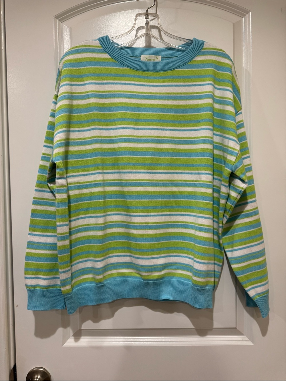 FANCY Striped Crewneck Sweater in Aqua, Lime & White